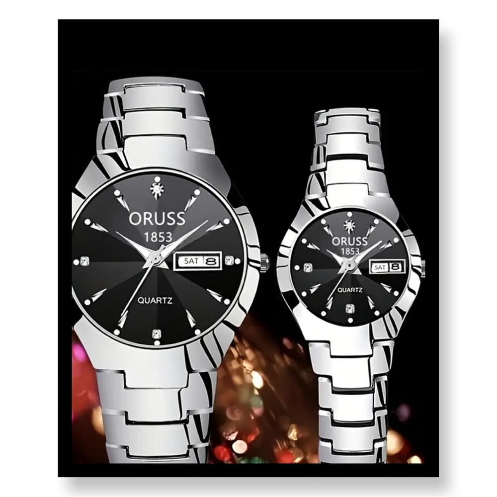 ORUSS Silver and Black Quartz Watch Set
